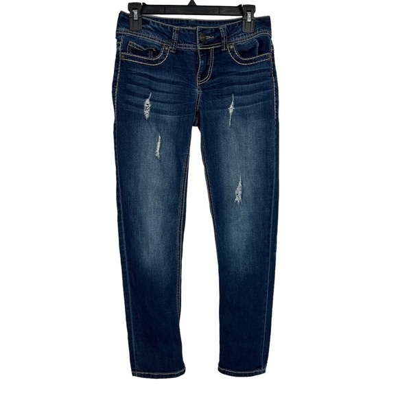 MAURICES Junior Women’s Blue Jeans Sz 1/2 Distressed Ripped & Torn Stretch - Picture 1 of 14